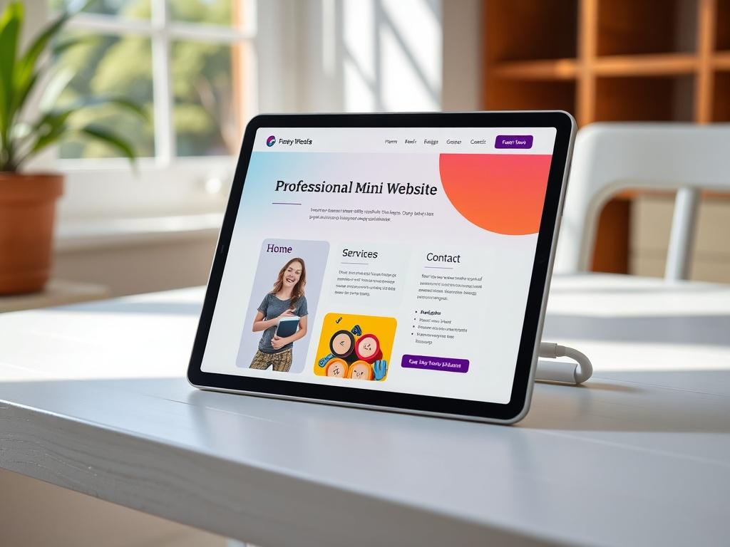 A tablet showcasing a professional mini website with three distinct pages: Home, Services, and Contact. The design is vibrant with clear navigation, and the tablet is placed on a white wooden table. Natural light streams in, adding warmth to the scene and highlighting the mini site’s aesthetics.