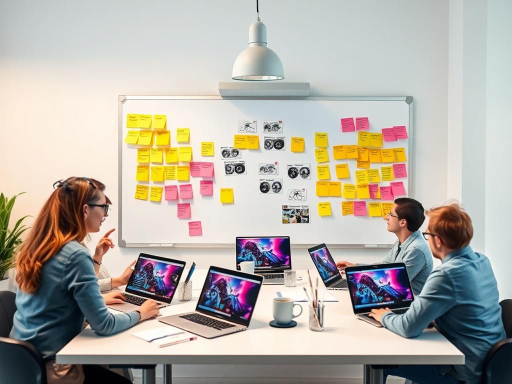 A dynamic workspace featuring a team brainstorming session for video ad concepts. The setting is lively, with colorful post-it notes on a whiteboard and laptops open with vibrant visuals displayed. Capture the excitement of creativity, collaboration, and the planning process of making ads that convert, showcasing the team's energy and focus.