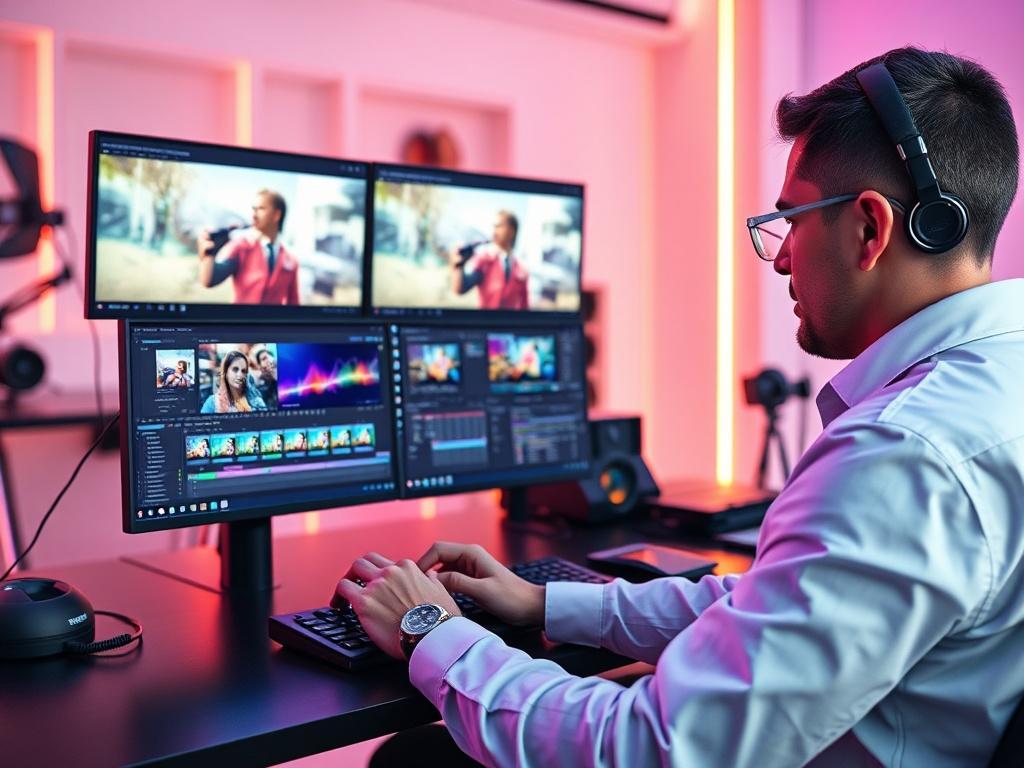 A vibrant, engaging video ad creation setting, showcasing a professional editor at a sleek workstation with multiple screens displaying video editing software. The environment is bright and modern, emphasizing creativity and technology, with colorful visuals and dynamic graphics on the screens. Ensure the focus is on the editor's hands working on the computer, with elements of video production visible in the background.