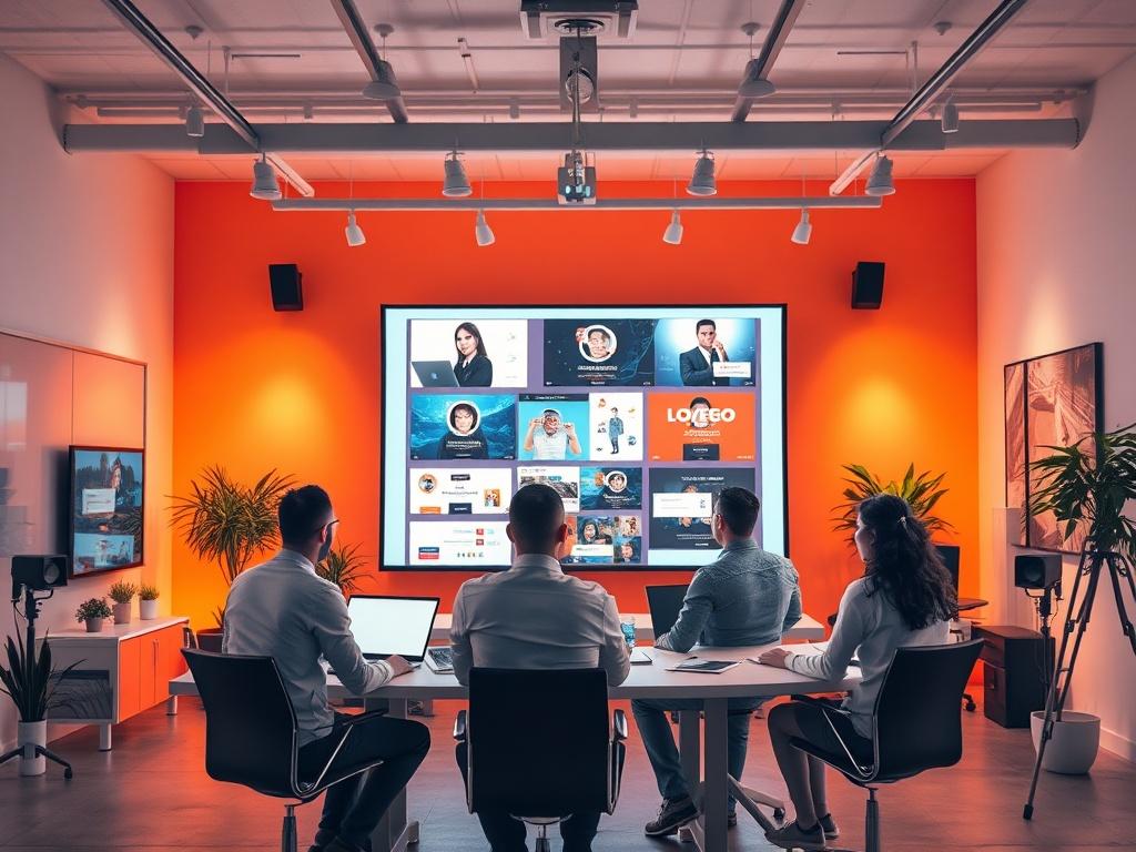A visually captivating scene of a creative studio filled with professionals collaborating on video ads. The focus is on a large screen showing various ad concepts and designs while team members discuss strategies. Bright colors and modern decor highlight the importance of creativity and teamwork in producing high-quality ads.