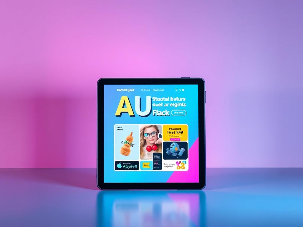 A high-resolution image of a digital device displaying a vibrant, eye-catching ad. The ad should feature bright colors and bold text, showcasing a product or service. The background should be minimalistic, focusing on the device and ad content, to emphasize creativity and clarity. The overall composition should convey a sense of urgency and excitement.