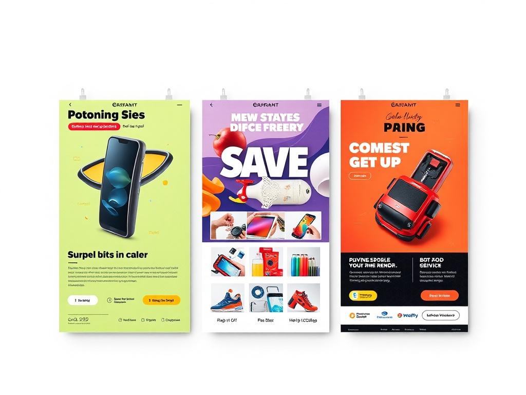 A visually appealing collage of three distinct ad designs on a clean, white background. Each ad should showcase a different product or service, highlighting diverse styles and messaging. The colors should be bold and harmonious, creating an attractive visual flow. This composition should reflect creativity and versatility in advertising.