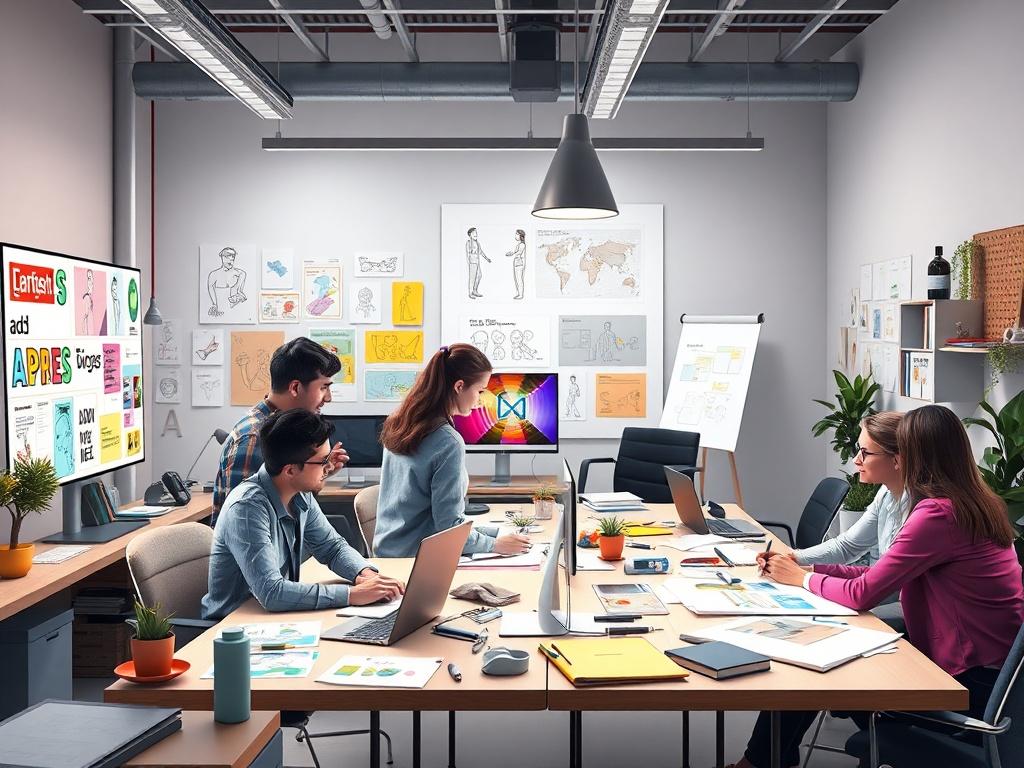 An engaging image depicting a vibrant workspace where a creative team collaborates on ad designs. The workspace should be filled with colorful sketches, digital screens showing ad concepts, and team members brainstorming. The atmosphere should exude creativity and teamwork, emphasizing the collaborative nature of ad production.