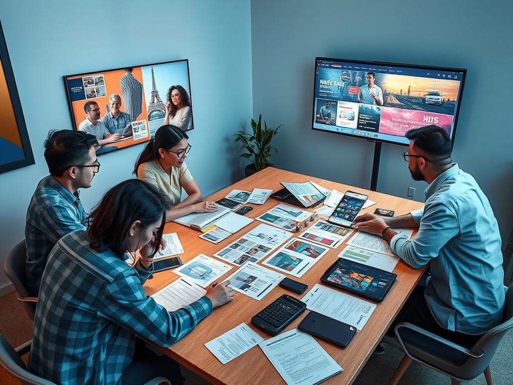 An engaging scene of a creative team collaborating around a large table, reviewing storyboards and ad concepts. Papers and digital devices are scattered around, with vibrant visuals of the ads on a nearby screen. The atmosphere is energetic and focused on creativity.