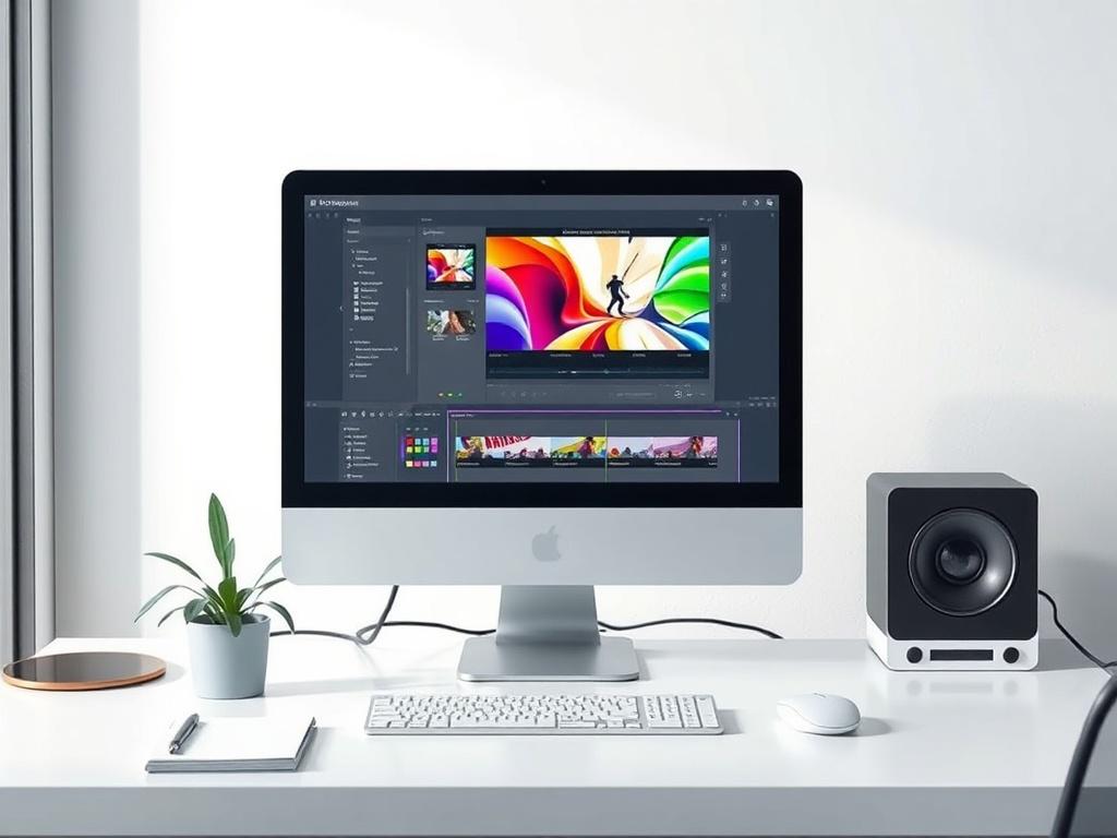 A clean, modern workspace with a computer displaying a vibrant, high-quality ad video in a video editing software. The screen shows colorful graphics and text. The desk is minimalistic with a plant and a notepad beside the computer. The background is softly blurred, emphasizing the computer as the main focus.