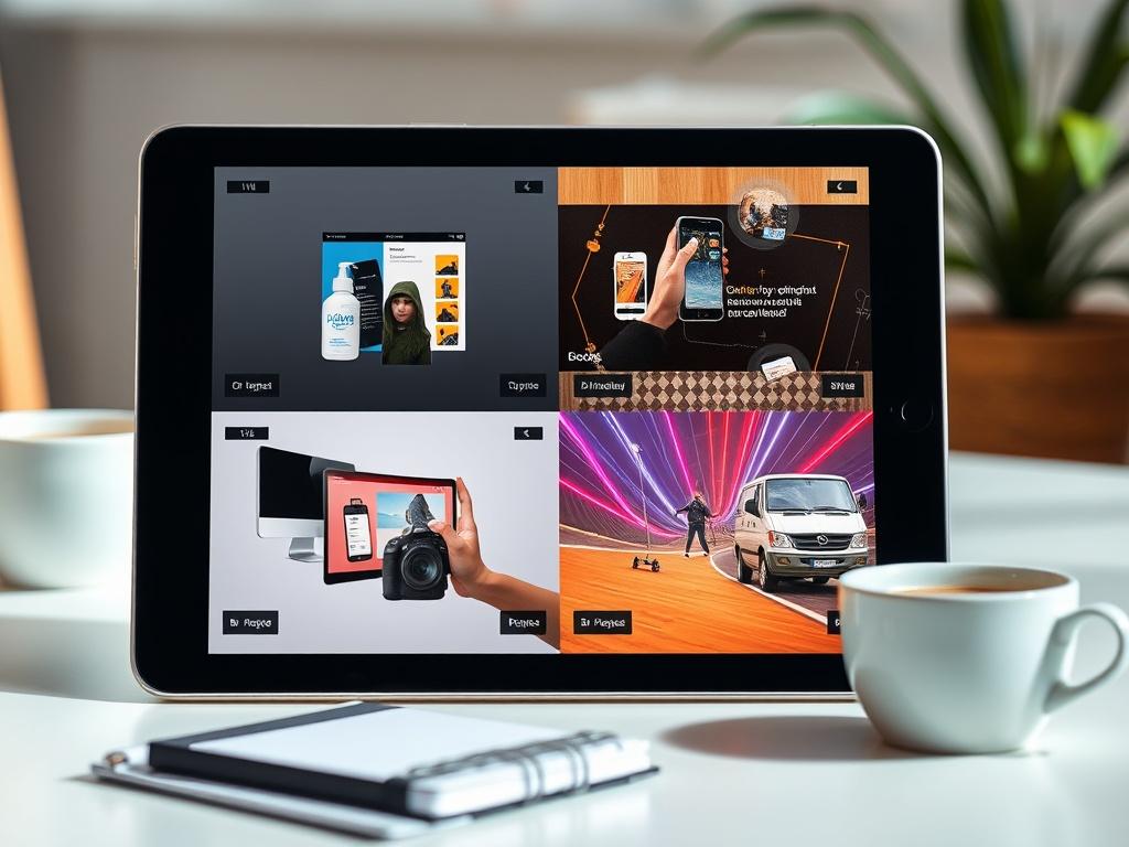 A dynamic collage of three different video ad previews displayed on a tablet. Each ad showcases different products or services with eye-catching graphics. The setting is bright and inviting, with a cup of coffee and notepad next to the tablet, indicating a creative brainstorming environment.