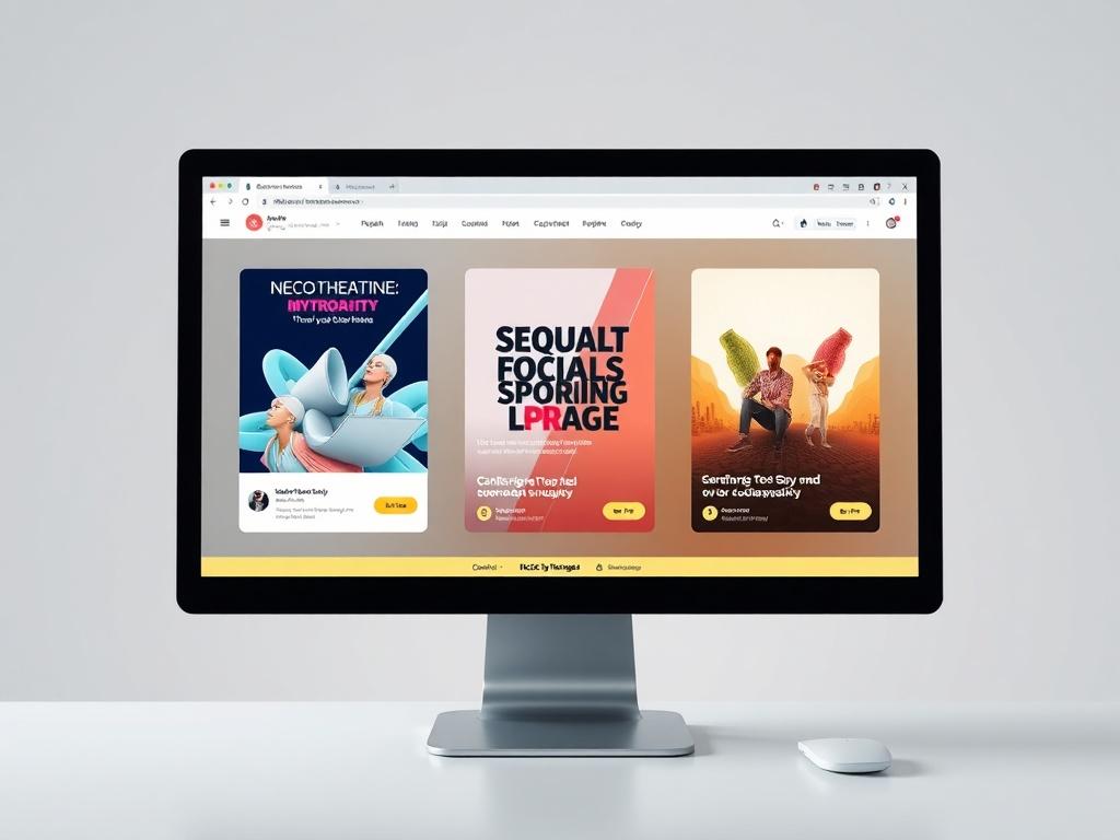 A dynamic image of three different social media ads displayed on a computer screen, showcasing diverse styles and themes. The background should be clean and modern, with a focus on the ads' vibrancy and creativity, capturing the essence of effective advertising.