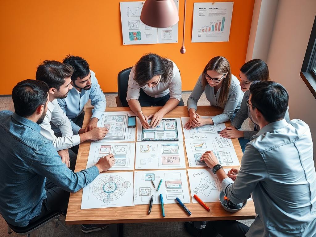 An engaging image depicting a creative team brainstorming over a table filled with sketches and ideas for six different ads. The atmosphere is collaborative and lively, with bright colors and modern design elements, emphasizing creativity and strategy in advertising.