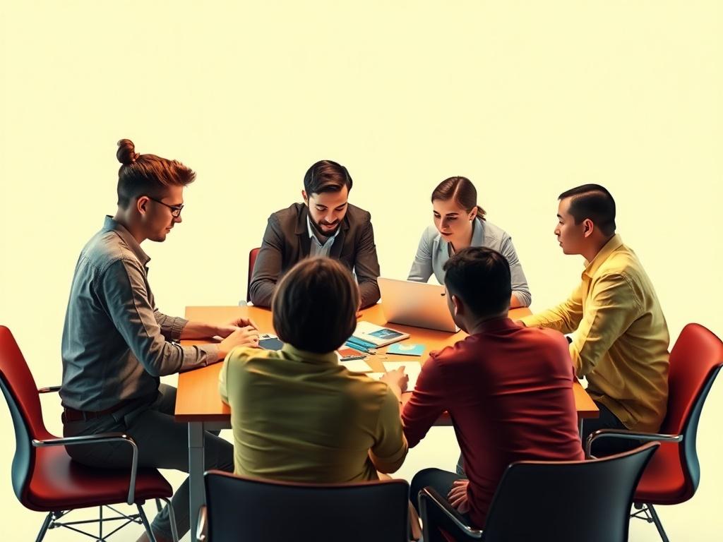 A high-resolution photo of a team brainstorming social media strategies around a table, with laptops and notes visible. The setting should be bright and creative, emphasizing collaboration and innovation in digital marketing. Bold colors should be used to create a lively atmosphere, and the focus should be on the team and the materials they are working with.
