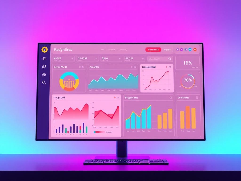 A high-resolution photo of a professional social media dashboard displaying analytics and insights. The dashboard should be visually appealing, showcasing graphs, charts, and engagement metrics. The background should be minimalistic with vibrant colors that complement the theme of social media and digital marketing. The focus should be clear on the dashboard elements, making it suitable for a service offering related to social media management.