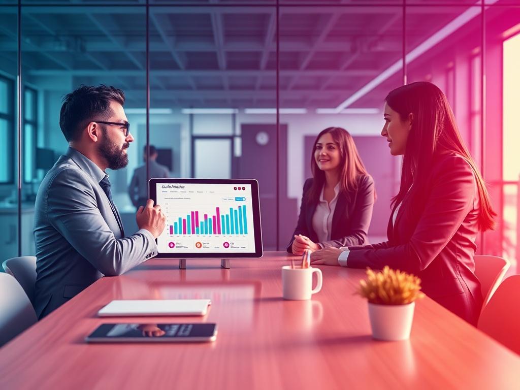 A high-resolution photo of a successful business meeting in a modern office environment. The scene should depict professionals discussing social media strategies, with a digital tablet displaying social media metrics. The background should be sleek and modern, highlighting productivity and growth in the digital space, with vibrant colors enhancing the visual appeal.