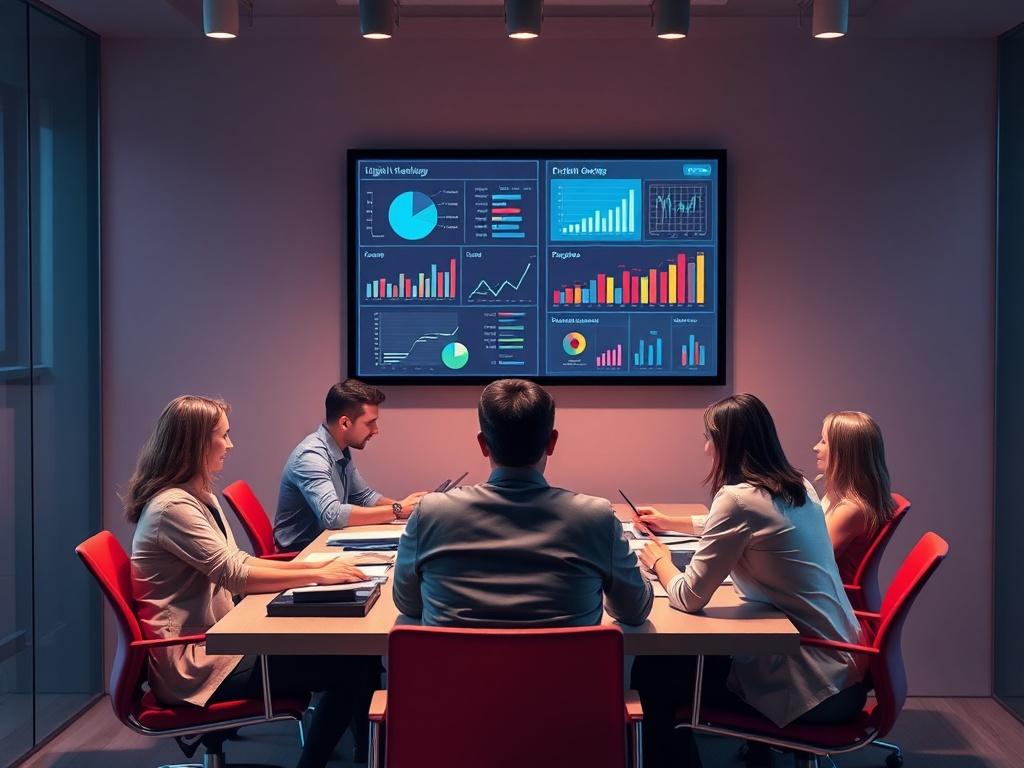 A realistic, high-resolution image of a marketing team brainstorming around a modern conference table, with charts and graphs projected on a screen. The atmosphere should be dynamic and focus on collaboration in digital marketing strategies.