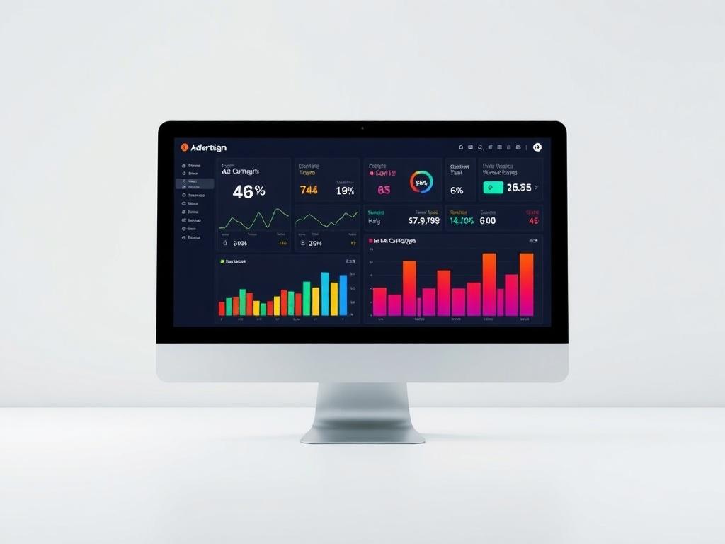 A minimalist, high-resolution image showing a computer screen displaying a simple but engaging ad campaign dashboard with colorful graphs and metrics. The background should be clean and uncluttered, emphasizing the technology and data analytics aspect of digital advertising.