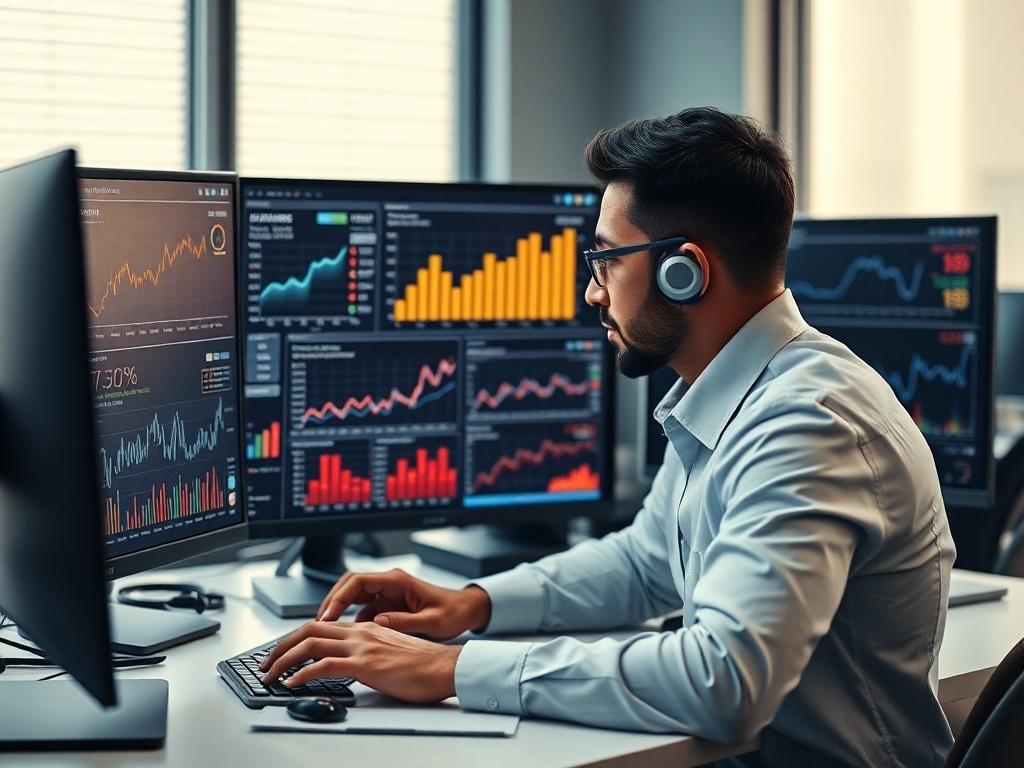 A detailed, high-resolution image of a digital marketing expert analyzing performance metrics on multiple screens. The workspace should be sleek and modern, highlighting advanced technology and analytics tools used in digital advertising.