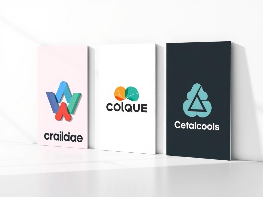 A high-resolution image of three unique logo designs displayed on a clean, minimalistic background. Each logo should have a distinctive style, showcasing various color palettes and typography. The scene should convey creativity and professionalism, with subtle shadows to add depth. The overall composition should be simple and elegant, focusing on the logos themselves, ensuring they stand out beautifully against the background.