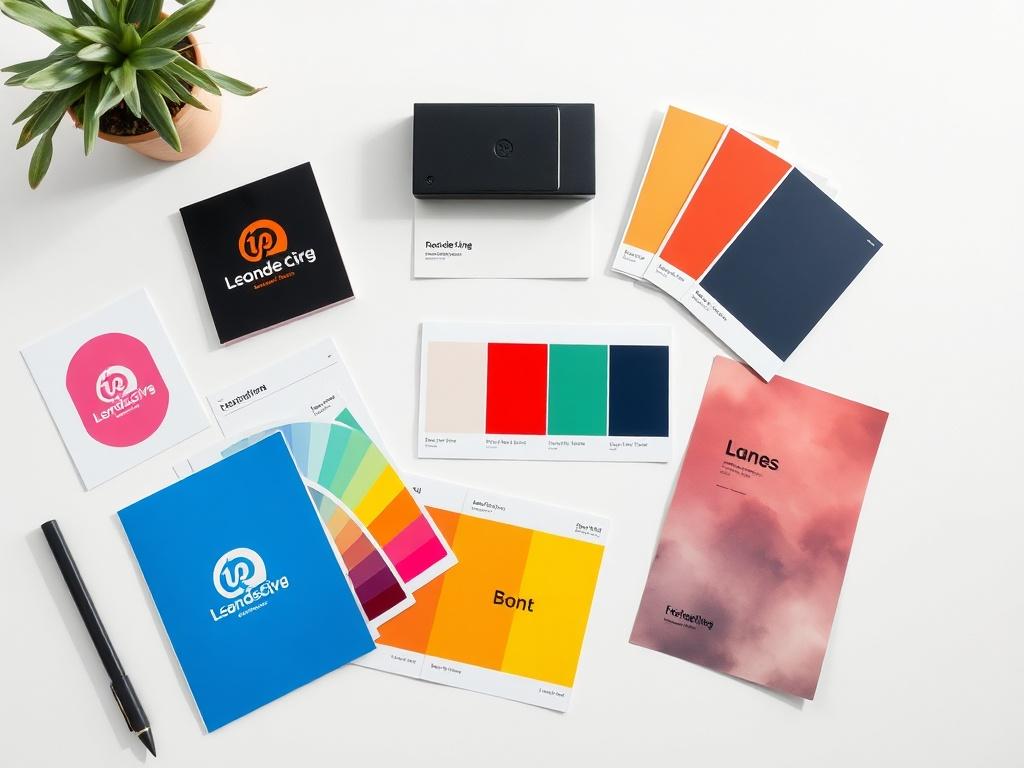 A high-resolution image showcasing an organized brand kit layout. Include a logo, color palette swatches, and font samples on a clean, minimalist desk background. The scene should radiate professionalism and creativity, with natural lighting to enhance the colors. This visually appealing composition should illustrate the components of a brand kit in an aesthetically pleasing manner, inviting viewers to consider the importance of brand identity.