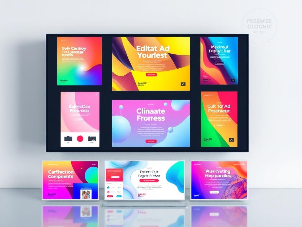 A high-resolution image displaying a selection of ten editable ad templates on a digital screen. Each template should have a distinct design, showcasing vibrant colors and layouts suitable for various platforms. The background should be clean and modern, emphasizing the templates' usability and appeal. This image should convey an innovative approach to ad creation, illustrating how easy it is to customize these templates for different marketing needs.