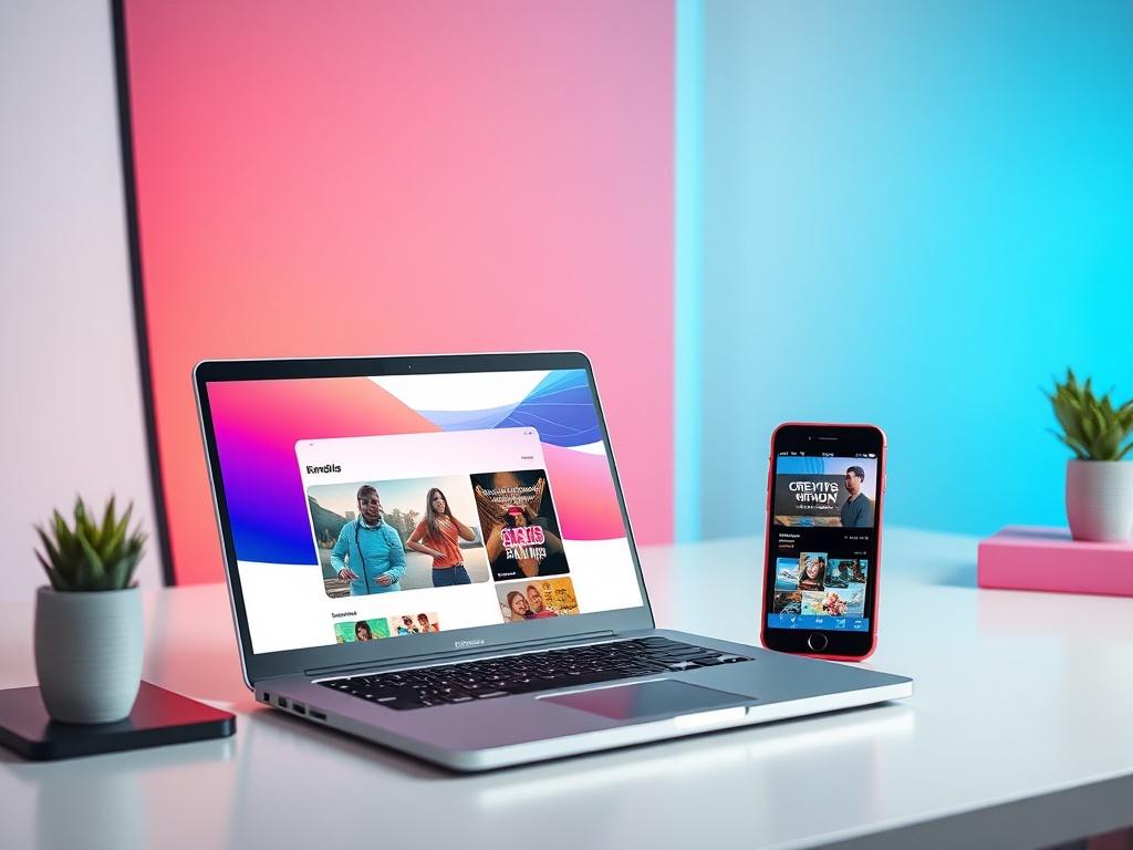 A clean and modern workspace with a laptop open displaying a visually appealing landing page. Next to it, a smartphone showing eye-catching video ads. The background is minimalistic, focusing on the essential elements, with vibrant colors highlighting creativity.