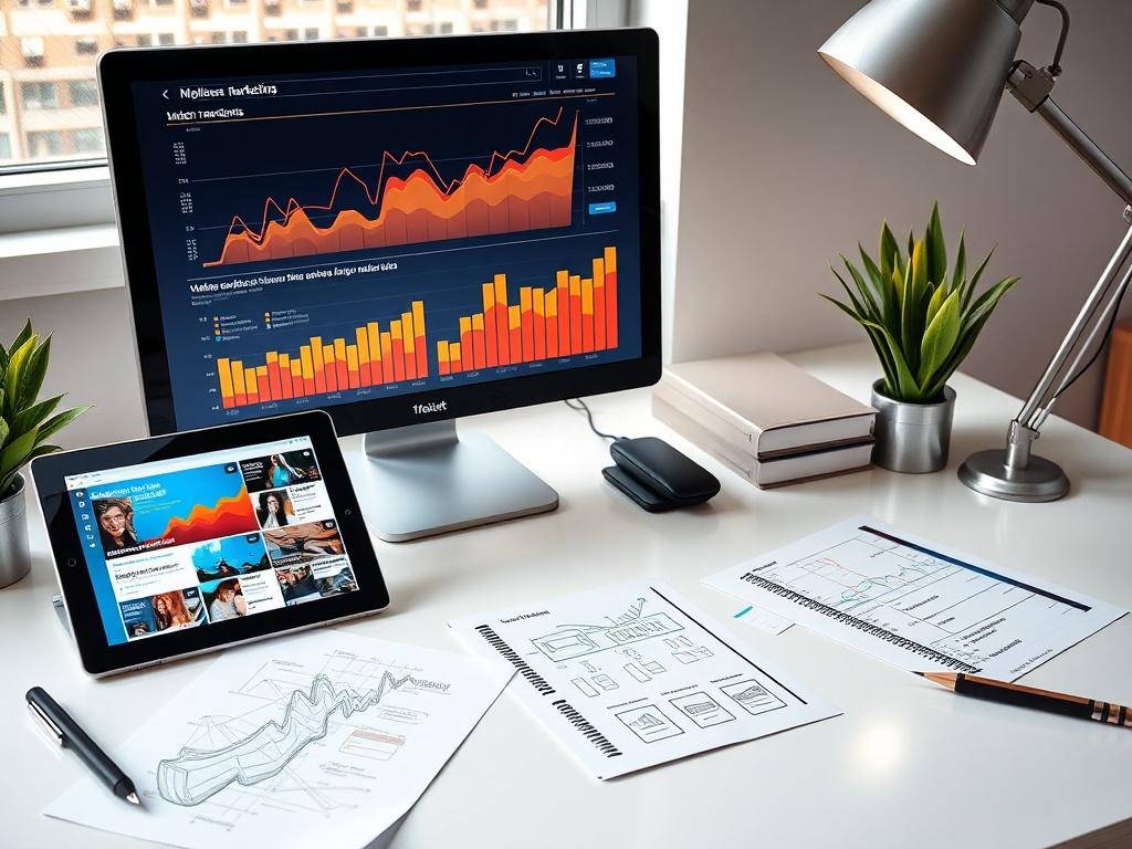 An eye-catching digital marketing workspace featuring graphs and analytics on a computer screen. A tablet displays social media ads, while notes and sketches of ad concepts are spread across the desk. The scene is bright and professionally styled, emphasizing growth.