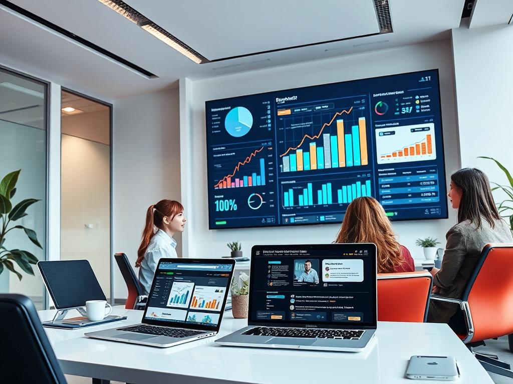 A sleek office environment featuring a team collaborating over a marketing strategy session. A large screen displays analytics and performance metrics, while a professional-looking website is shown on a laptop. The atmosphere is dynamic and focused on success.