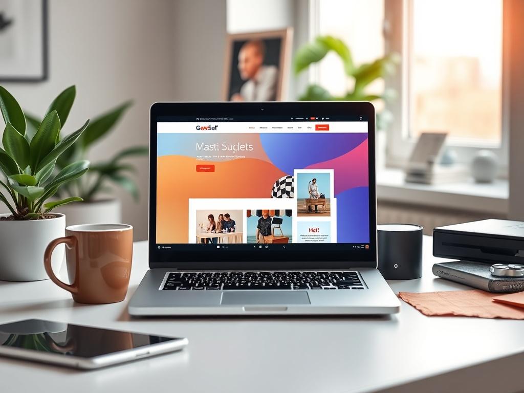 A realistic high-resolution photo of a modern workspace with a laptop open displaying a vibrant, eye-catching website design on the screen. The workspace should have a minimalistic style, featuring clean lines, bold vibrant colors, and essential elements like a potted plant and a stylish coffee mug. The background should be a bright, airy environment with soft natural light coming through a window, emphasizing a creative and productive atmosphere.