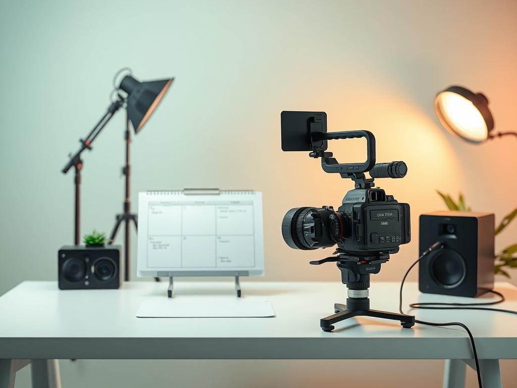 A sleek video production setup featuring a high quality camera,
