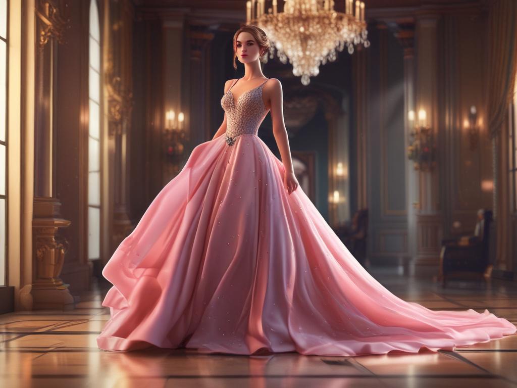 A stunning young woman in an elegant evening gown, standing