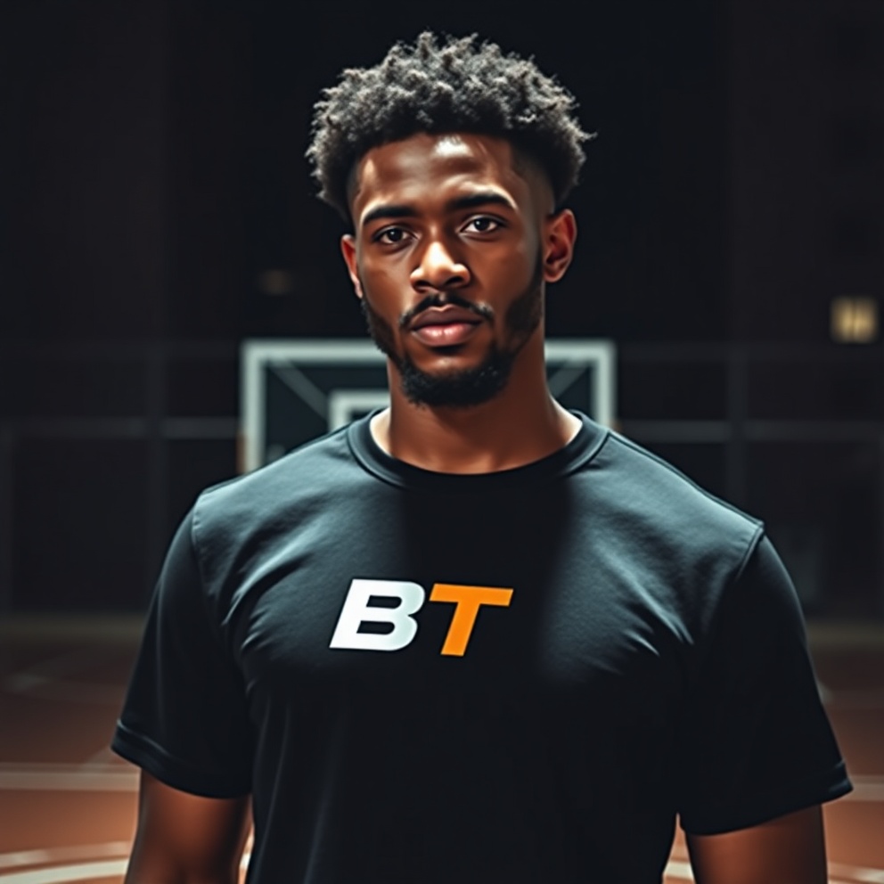 Premium black t-shirt with BT logo on model in basketball court