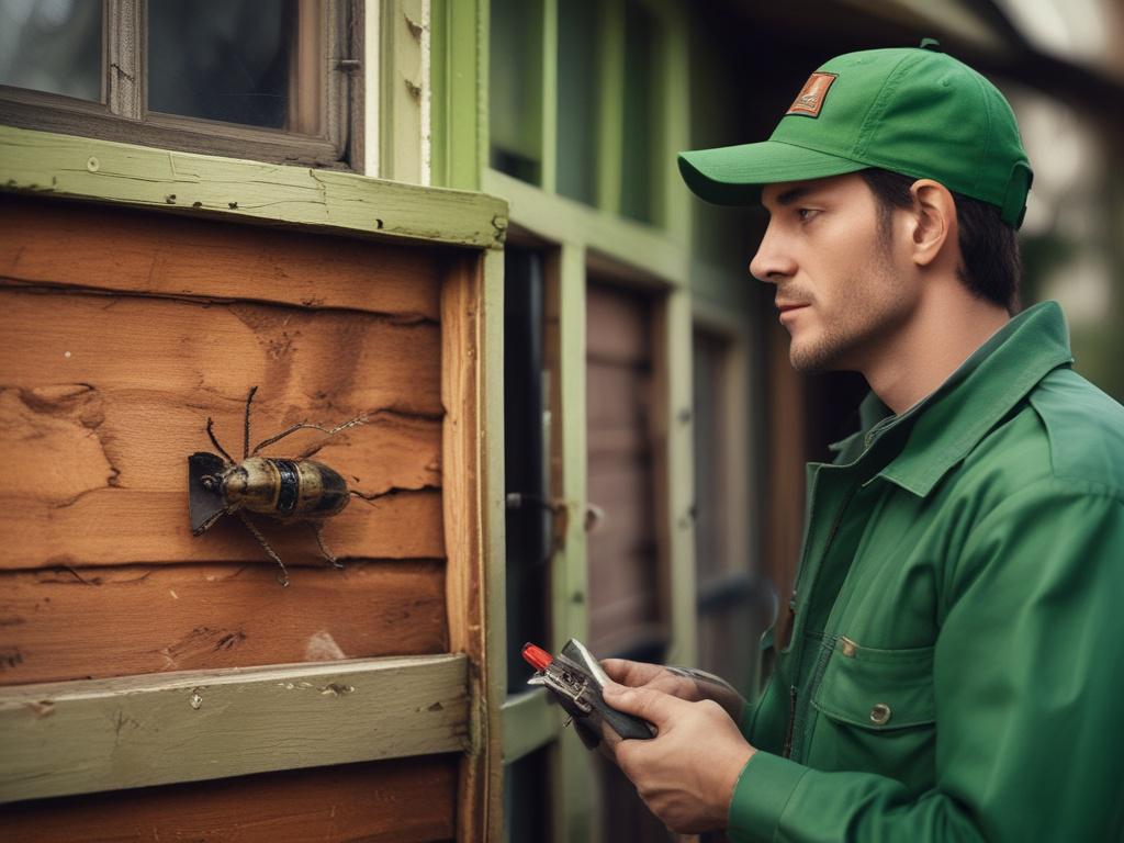 a pest control professional in a green uniform inspecting a
