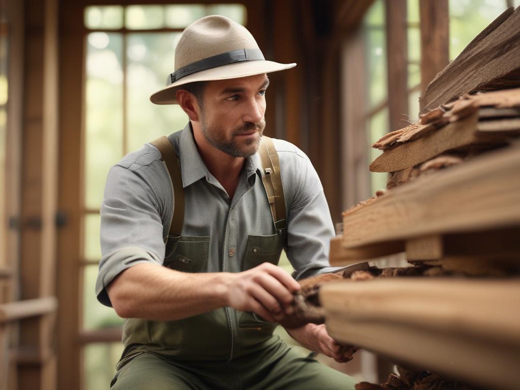 realistic image of a pest control expert inspecting wooden structures