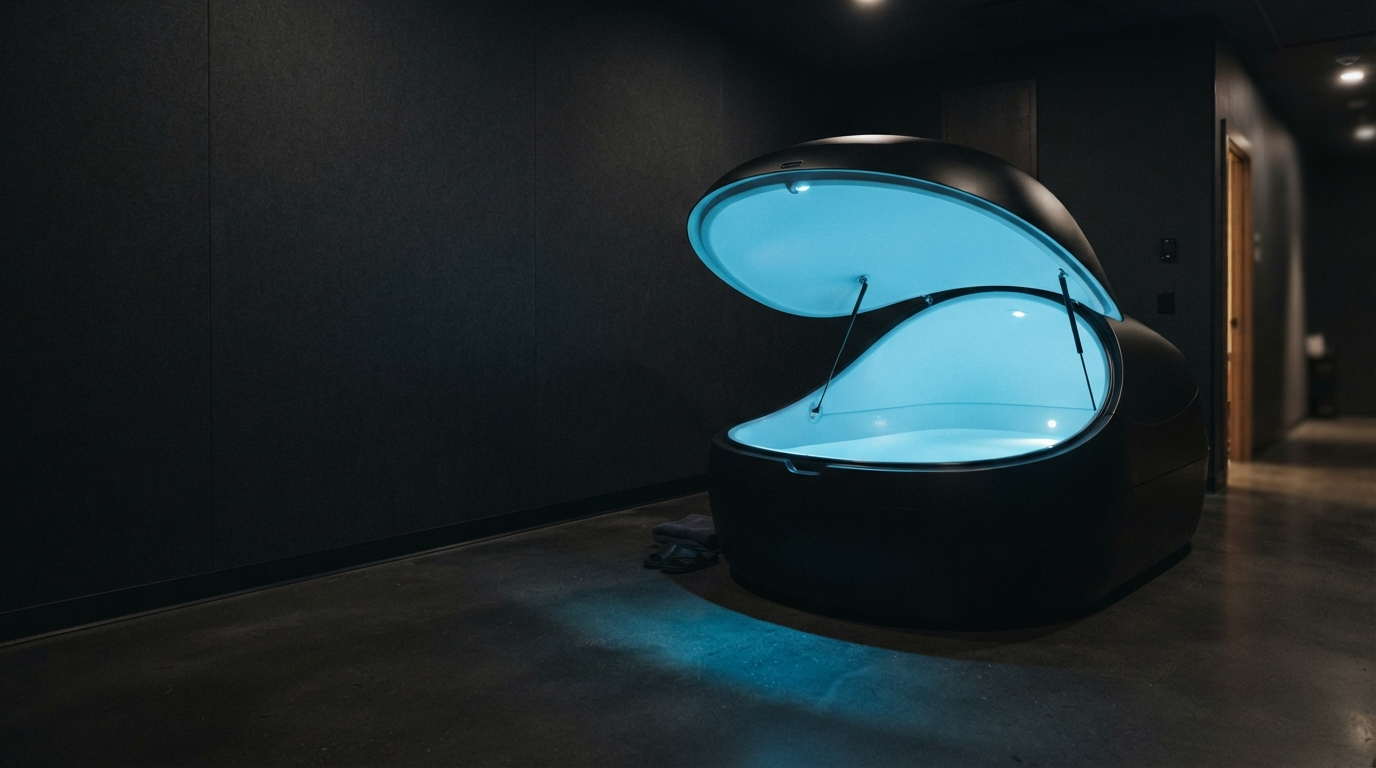A matte black float pod, lid open and glowing with soft blue interior light in a dim, quiet studio room