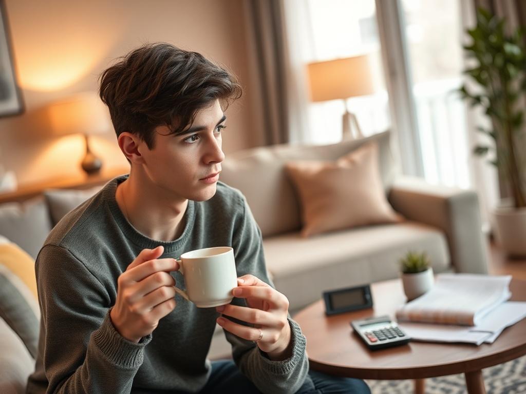 Create a realistic high-resolution photo that visually represents the theme of the blog titled "Why Affordability Won’t Be Fixed by Rates Alone." 

**Composition**: The composition should be simple and clear, featuring a single subject in the center of the image. Use a close-up shot with a soft blur in the background to ensure the subject stands out prominently.

**Subject Matter**: The focal point of the image should be a thoughtful-looking young adult, holding a coffee cup, deep in contemplation about fin