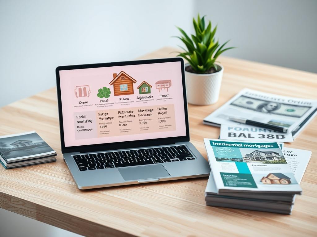 Create a realistic high-resolution photo of a single, well-organized desk setup that embodies the theme of “Understanding Mortgage Types.” The composition should feature a clean and simple layout, focusing on a modern laptop open to a detailed graphic showcasing different types of residential mortgages (like fixed-rate, adjustable-rate, FHA, etc.) on the screen. 

The desk should be made of light wood, providing a warm and inviting feel. Next to the laptop, place a neat stack of mortgage brochures and infor