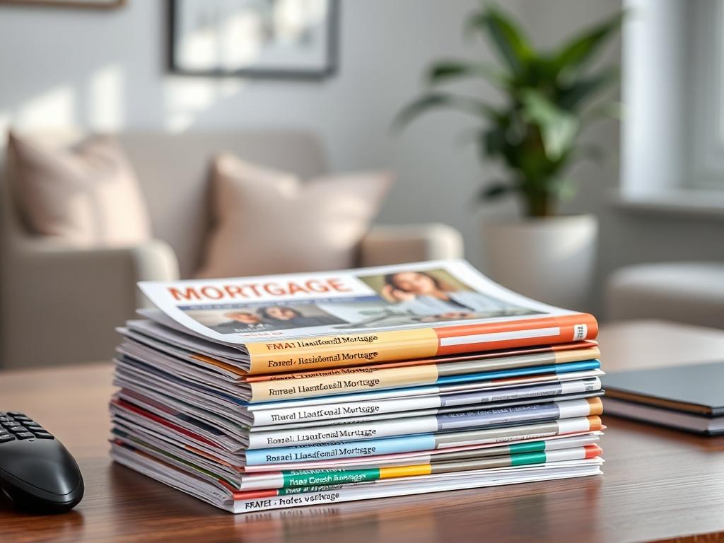 Create a highly realistic high-resolution photo focusing on a single subject that embodies the theme "Understanding Mortgage Types." The subject should be a well-organized desk setup featuring a stack of colorful residential mortgage brochures, each showcasing different mortgage types (such as fixed-rate, adjustable-rate, and FHA loans). Use natural lighting to illuminate the scene, highlighting the textures of the brochures and creating soft shadows for depth.

The background should be a softly blurred hom