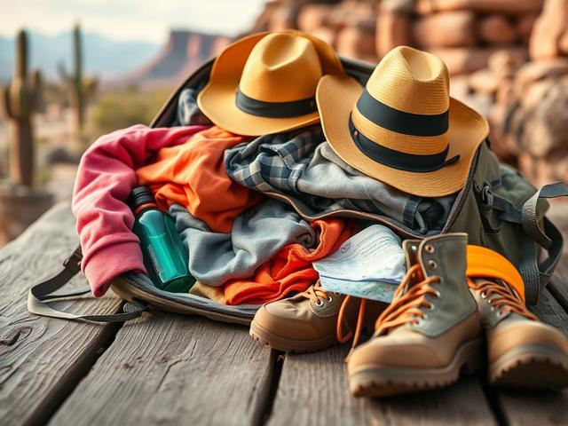 Create a realistic high-resolution photograph that embodies the essence of preparing for a seasonal stay at an RV resort in Arizona. The composition should be simple and clear, featuring a single subject: a well-organized pack lying open on a rustic wooden backdrop suggestive of an outdoor adventure. 

The focus of the image should display vibrant clothing items like lightweight long-sleeve shirts, sun hats, and durable hiking boots, showcasing essential pieces for the Arizona desert climate. Add colorful r