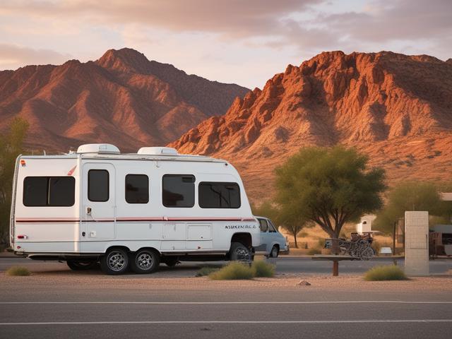 **Prompt for AI Image Generator:**

Create a realistic high-resolution photo focusing on a single RV parked at a scenic RV park in Arizona, embodying the essence of long-term RV rentals. The RV should be a modern, well-maintained model with a welcoming demeanor, showcasing its spacious slide-outs and outdoor seating area. Position the RV in the foreground, with its door slightly ajar, inviting viewers to envision themselves inside. 

In the background, portray a picturesque Arizona landscape featuring rolli