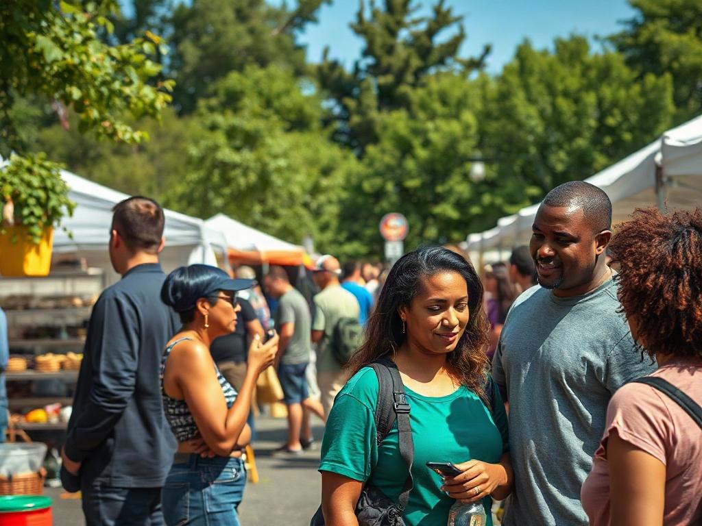 A realistic high-resolution close-up shot of a community event in Olney, MD. The image should capture a vibrant local market scene with people interacting, food stalls, and local vendors. The background should feature greenery and a clear blue sky to reflect a lively, engaging atmosphere. The focus should be on a diverse group of community members enjoying the event, emphasizing connection and engagement. The color palette should be harmonious, with an emphasis on the rgb(67, 92, 29) primary color.