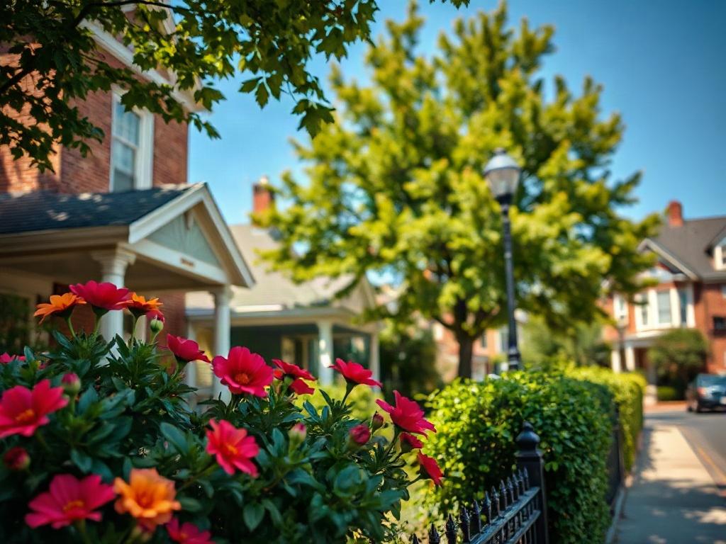 A picturesque street scene in Takoma Park, MD, showcasing charming historic homes and greenery. The focus is on a quaint house with vibrant flowers in the foreground, surrounded by lush trees under a clear blue sky. The composition emphasizes the inviting atmosphere of the neighborhood, capturing the essence of community and nature. Shot with a 45mm f/1.2 lens style to create a shallow depth of field, blurring the background subtly.