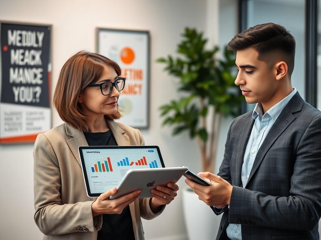 A close-up shot of a business consultant discussing marketing strategies with a client in a modern office. The consultant is a middle-aged woman with glasses, holding a tablet displaying marketing graphs. The client, a young man in a business casual outfit, is taking notes. The background shows a well-lit office with motivational posters and a green plant, creating a professional yet inviting atmosphere.