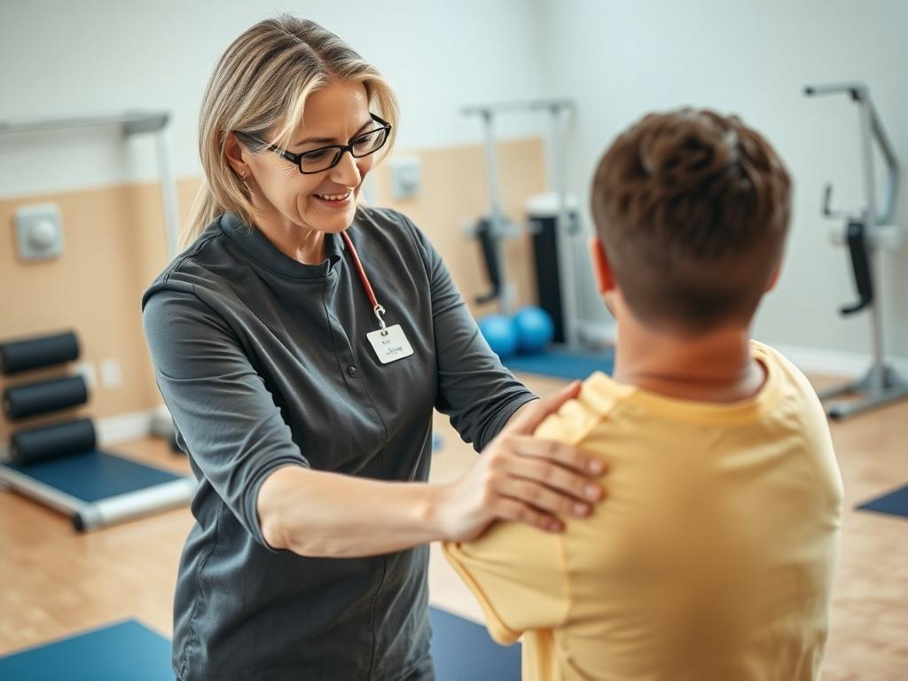 A close-up shot of a physical therapist assisting a patient in a rehabilitation setting. The therapist, a middle-aged woman with a caring expression, is guiding the patient, a young man, through a range of motion exercise. The background shows a well-equipped therapy room with exercise mats and rehabilitation equipment. The image should be bright and inviting, focusing on the interaction between the therapist and the patient, emphasizing care and support.