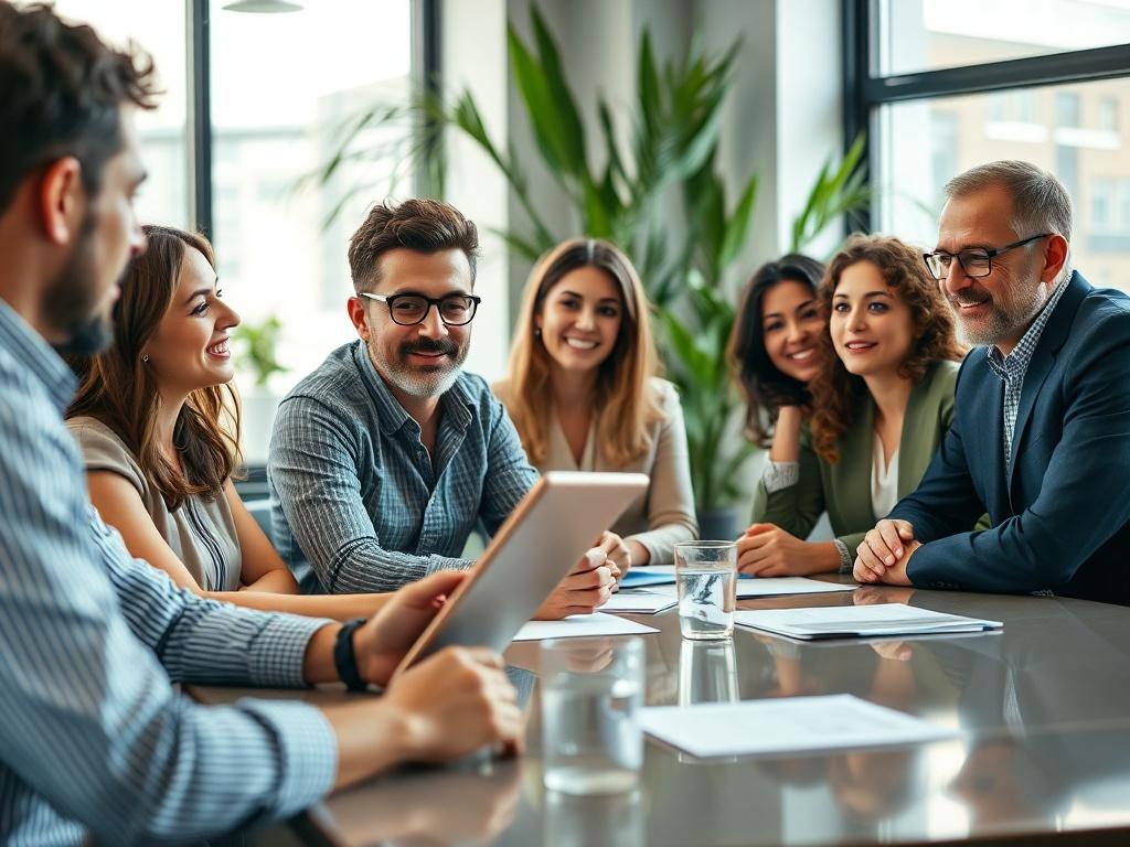 A close-up shot of a diverse team of professionals collaborating around a conference table in an office setting, showcasing a vibrant workplace environment. The focus is on one individual holding a digital tablet, discussing strategies with others. The background features modern office decor with plants and natural light streaming in, creating an inviting atmosphere. The image should have a hyper-realistic quality, captured with a 45mm f/1.2 lens, emphasizing the engagement and teamwork among the profession