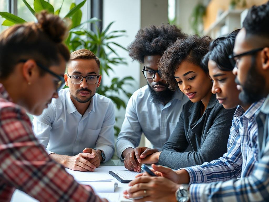 A close-up shot of a diverse team engaged in a strategic planning session, showcasing focused expressions and dynamic interactions. The background features a modern office setting with greenery and natural light, emphasizing collaboration and innovation. The image should convey a sense of teamwork and forward-thinking, captured in hyper-realistic detail with a 45mm f/1.2 lens.