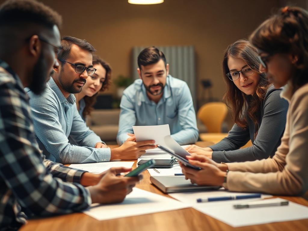 A realistic high-resolution close-up shot of a business team engaged in a brainstorming session, with diverse individuals collaborating over a table filled with papers and digital devices. The background should be softly blurred to highlight the team, with warm, inviting colors that reflect a professional yet creative atmosphere. The image should embody a sense of teamwork, innovation, and focus on growth.