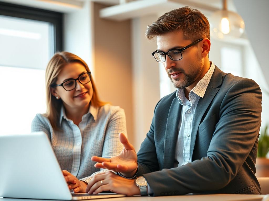 A realistic high-resolution photo of a professional consultant discussing strategies with a small business owner in a bright, modern office setting. The focus should be on the consultant, who is dressed in business attire, gesturing towards a laptop. The background should be softly blurred to emphasize the conversation, with warm lighting creating an inviting atmosphere. The image should reflect a collaborative and supportive environment.