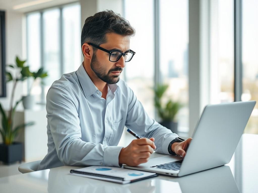 A professional consultant sitting at a modern desk in a well-lit office space, reviewing data charts on a laptop, with a notepad and pen in hand. The background features a clean, organized office with a window showing a glimpse of Columbia, MD's skyline. The focus is on the consultant, capturing a moment of deep concentration and strategy development, using a shallow depth of field to emphasize the subject.