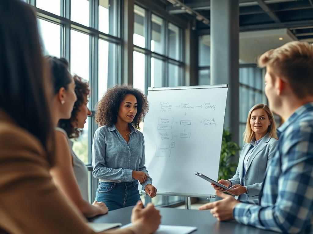 A close-up shot of a diverse group of business professionals in a modern office setting, engaged in a brainstorming session. The focus is on a confident woman presenting ideas on a whiteboard, with others actively listening and taking notes. The background features large windows with natural light, creating an inviting atmosphere. The primary color palette includes earthy greens, emphasizing a sense of collaboration and growth.