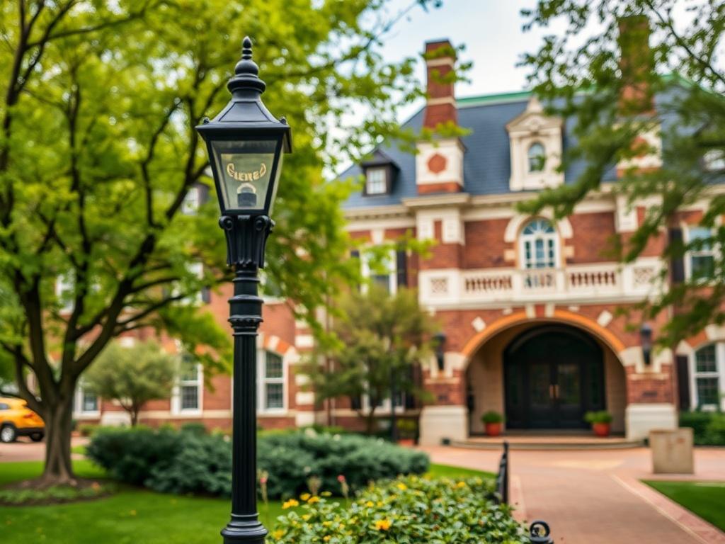 A close-up shot of a historical landmark in Rockville, MD, captured with a 45mm f/1.2 lens. The focus should be on the intricate architectural details of the building, with a blurred green park in the background, showcasing the beauty of the surroundings. The image should be vibrant and realistic, emphasizing the charm of Rockville.