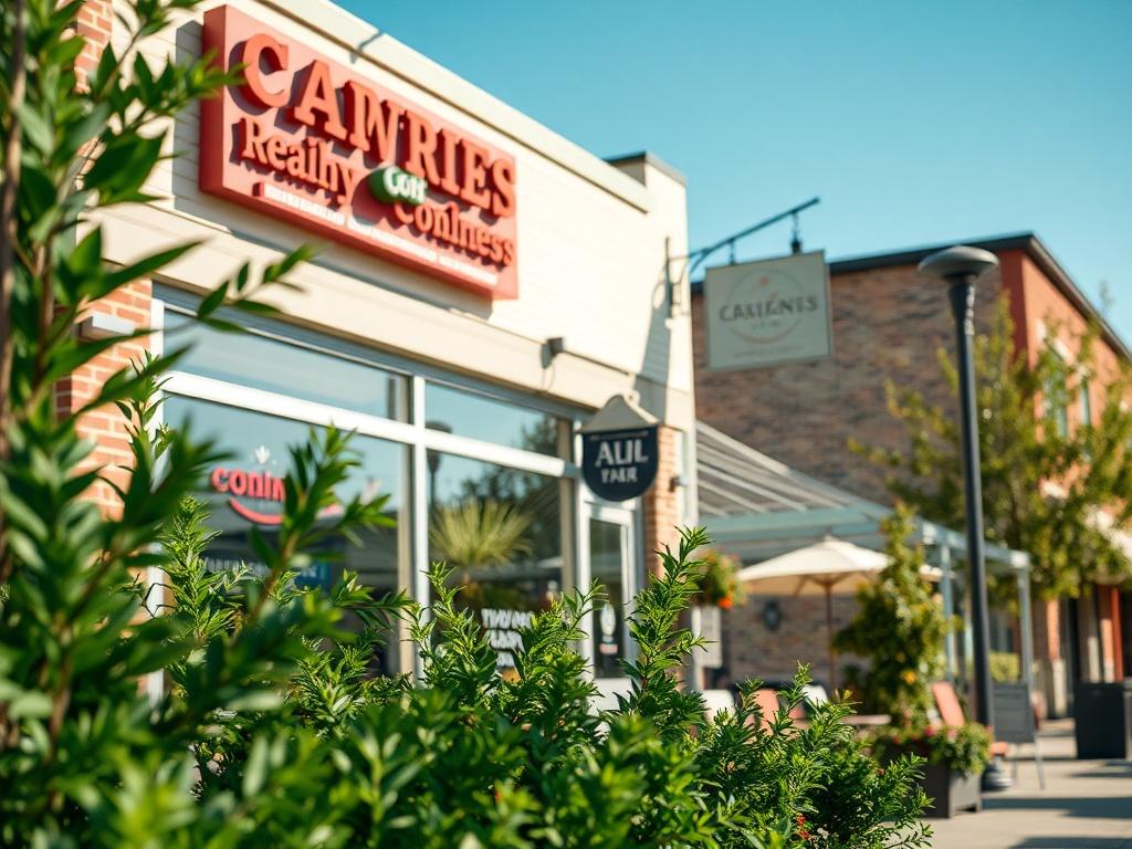 A realistic high-resolution photo of a local business storefront in Laurel, MD, captured in a hyper-realistic style. The image should feature a well-maintained exterior with welcoming signage and outdoor seating. The composition should focus on the storefront, with vibrant greenery in the foreground and a clear blue sky in the background. The lighting should be bright and inviting, showcasing the community atmosphere. Ensure the image is shot with a 45mm f/1.2 lens style.
