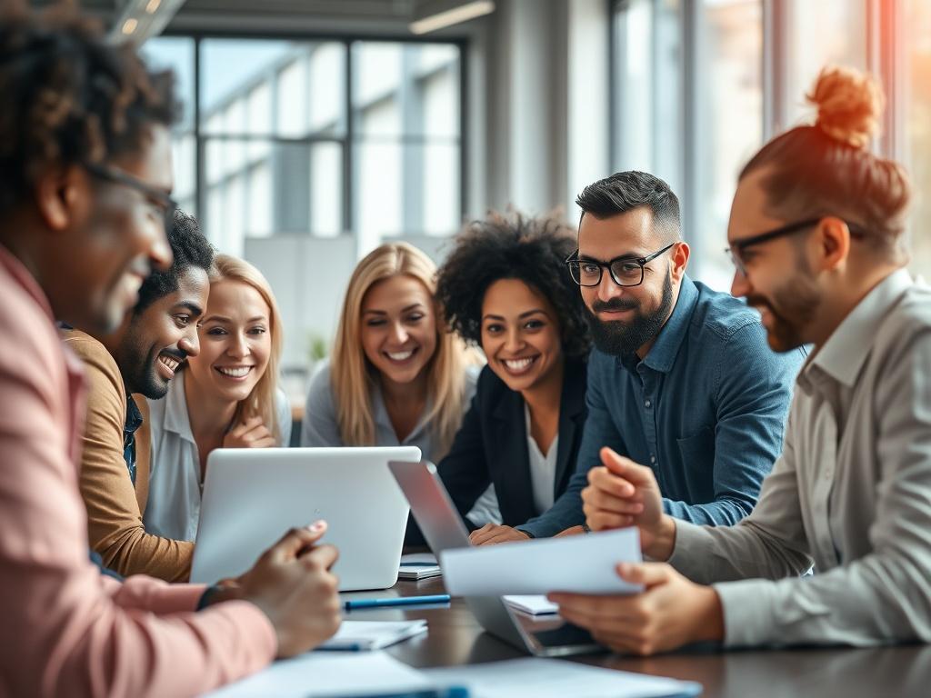 A close-up shot of a diverse team of professionals collaborating around a modern workspace, showcasing a mix of technology and creativity. The scene should reflect a vibrant and engaging atmosphere, with natural light illuminating the workspace. Focus on the expressions of teamwork and determination, while incorporating elements that represent innovation, such as laptops, notes, and digital devices. Use a hyper-realistic style with a bokeh background that emphasizes the subjects in the foreground.