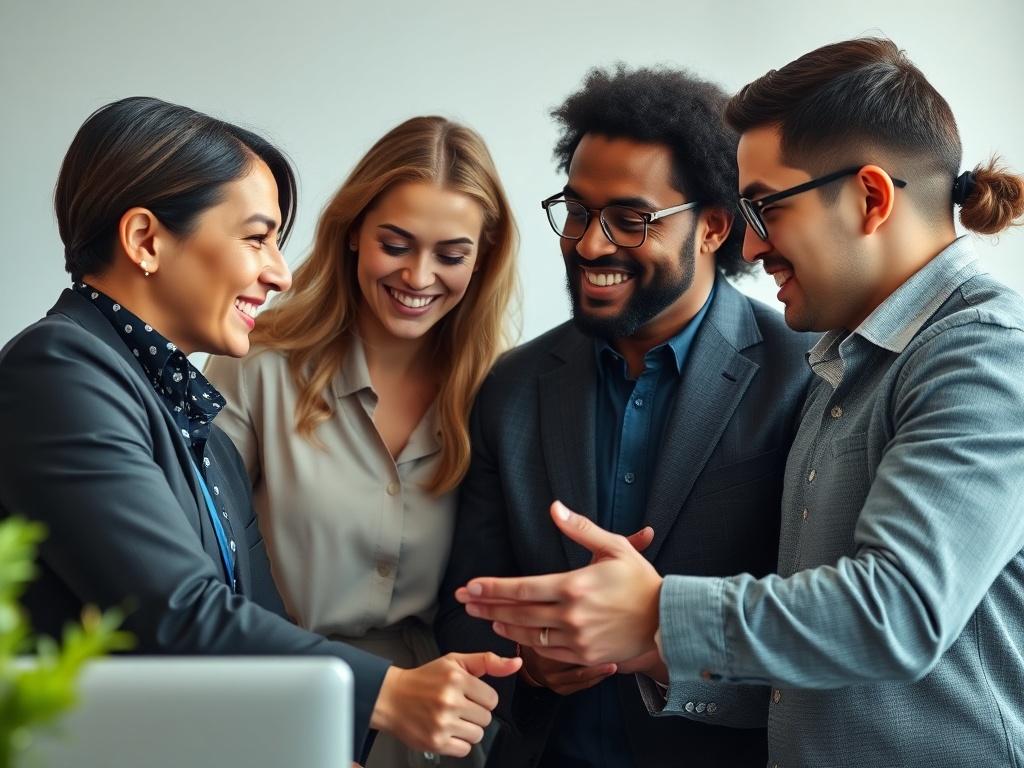 A close-up shot of a diverse team collaborating in a modern office environment, showcasing engagement and teamwork. The background should be simple and elegant, emphasizing a professional atmosphere. The color palette should align with rgb(67, 92, 29) for a harmonious feel.